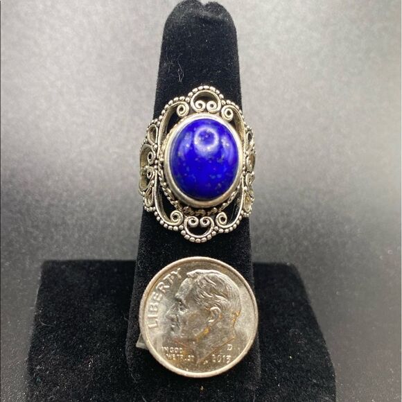 Bali style filigree round boho blue lapis lazuli ring 925 sterling silver - Picture 4 of 10